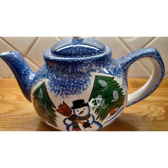 Snowman Teapot and 2 Snowman Mugs Blue Ceramic Christmas Winter - Picture 7 of 16